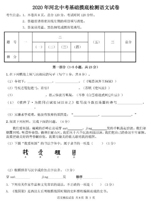 小學(xué)語文基礎(chǔ)知識(shí)摸底測(cè)試
